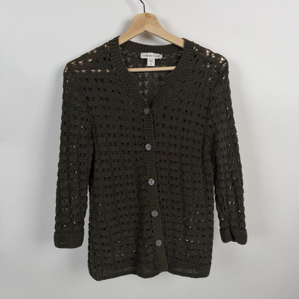 Coldwater Creek Crochet Button Cardigan L Olive Green Pointelle Grannycore Boho